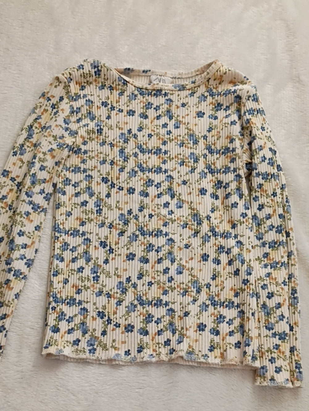 Zara Cream Ribbed Long Sleeve Top with Blue and Green Floral Print